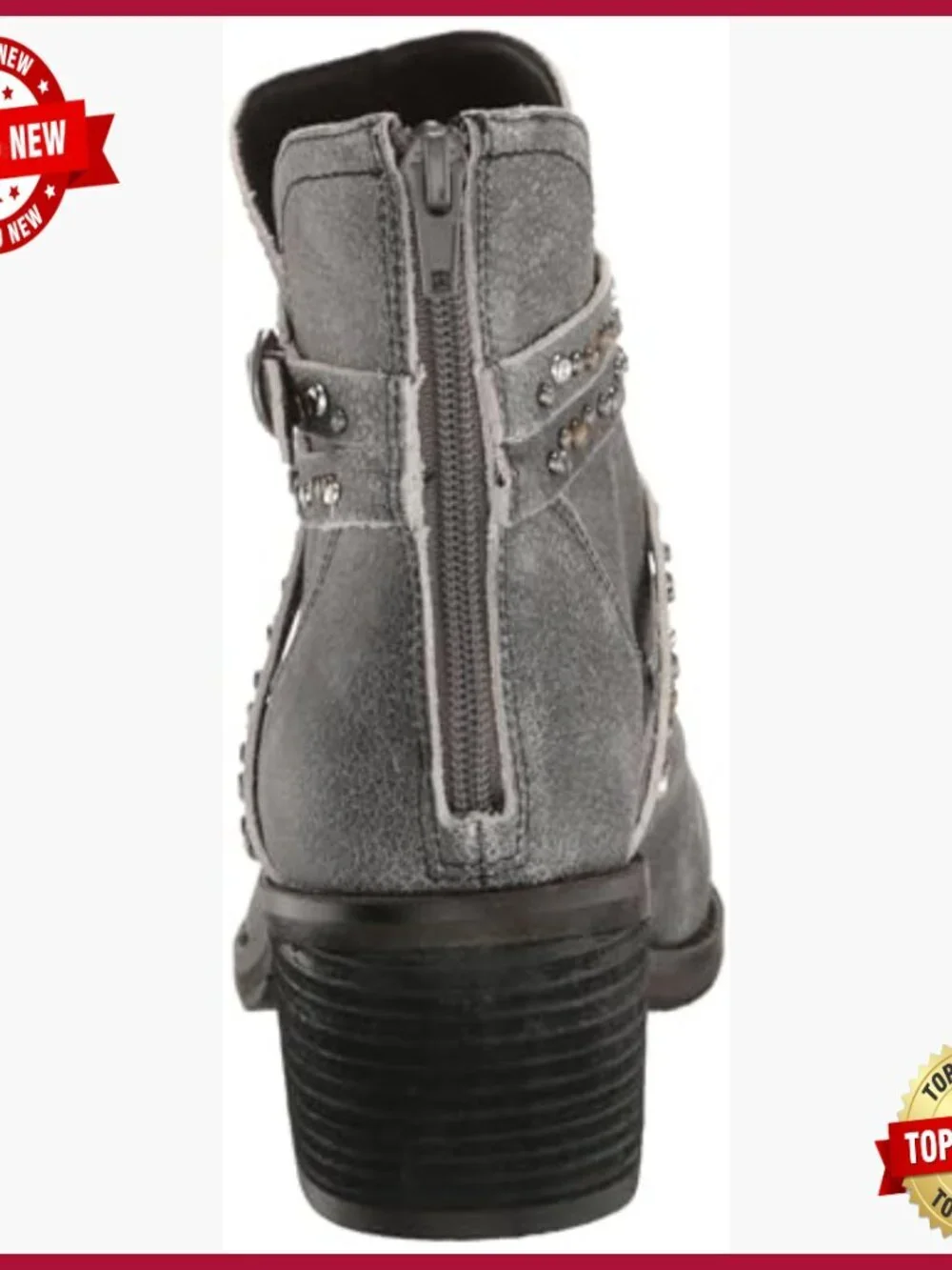 Women's Leather Ankle Bootie with Studded Strap Detail, Zip Closure